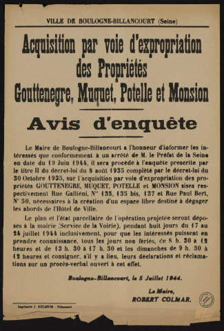 Acquisition par voie d'expropriation des propriétés Gouttenègre, Muquet, Potelle et Monsion,