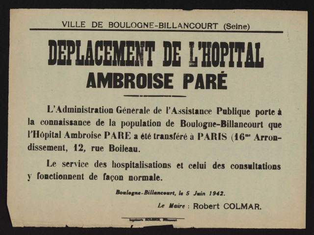 Déplacement de l'hôpital Ambroise-Paré,