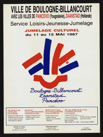 Jumelage culturel du 11 au 15 mai 1987 avec les villes de Pancevo (Yougoslavie) [et] Zaanstad (Hollande),