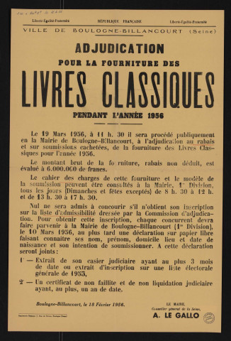 Adjudication pour la fourniture des livres classiques pendant l'année 1956, Deux exemplaires : un jaune et un orange.