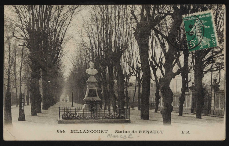 844 - Billancourt - Statue de Renault, Boulogne-Billancourt . avenue Emile Zola . - Monument de Marcel Renault et perspective