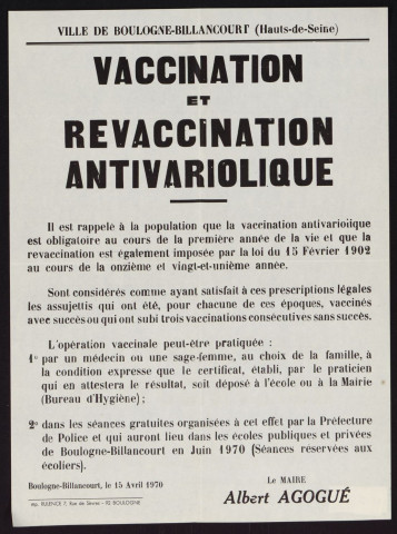 Vaccination et revaccination anti-variolique,