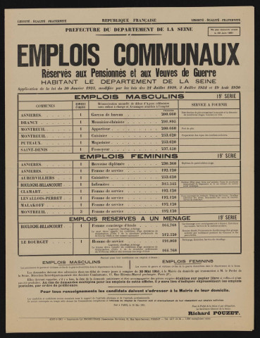 Emplois communaux réservés aux pensionnés et aux veuves de guerre habitant le département de la Seine, Recrutement à Boulogne-Billancourt d'une femme de service et d'une femme concierge d'École (recrutement d'un ménage dont le mari sera nommé cantonnier).