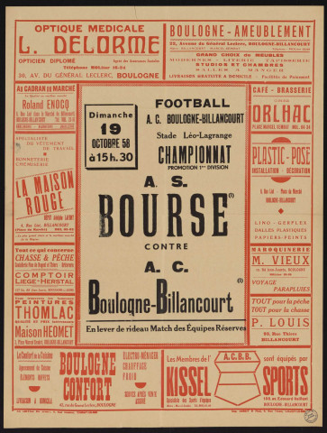 Football, championnat promotion Première division : AS Bourse contre ACBB, Nombreuses publicités d'entreprises.