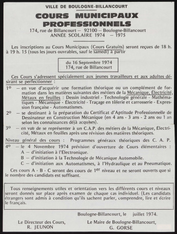 Cours municipaux professionnels, année scolaire 1974-1975,