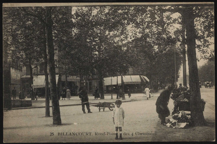 25 - Billancourt - Rond-Point des 4 cheminées, Boulogne-Billancourt . place Marcel Sembat . - PerspectiveAu premier plan, au centre, un enfant. A gauche, le boulevard de la République et une boucherie. A droite, une marchande de fleurs et l'avenue du Général Leclerc.Au second plan, à gauche, l'avenue Jean Jaurès et un fleuriste. Au centre, la rue des 4 cheminées et le café du Progrès.