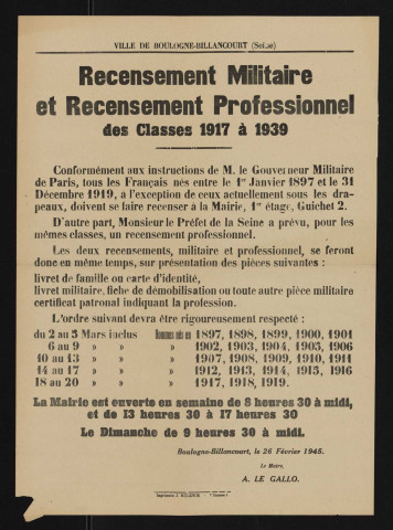 Recensement militaire et recensement professionnel des classes 1917 et 1939,