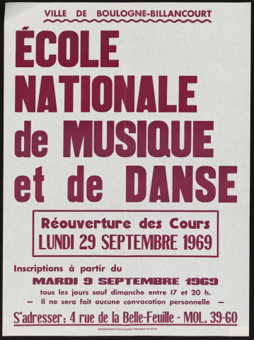 Ecole nationale de musique et de danse : réouverture des cours lundi 29 septembre 1969,