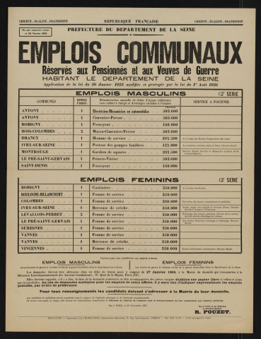 Emplois communaux réservés aux pensionnés et aux veuves de guerre habitant le département de la Seine, Recrutement à Boulogne-Billancourt d'une femme de service.