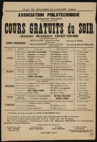 Association philotechnique : cours gratuits du soir, année scolaire 1947-1948,