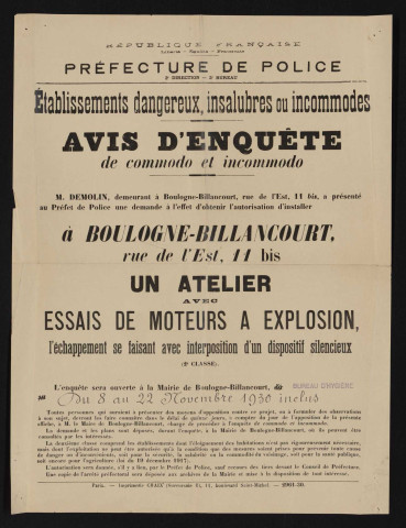 Avis d'enquête de commodo et incommodo : rue de l'Est 45, M. Demolin : installation d'un atelier avec essais de moteurs à explosion.