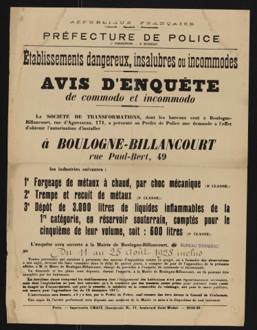 Avis d'enquête de commodo et incommodo : rue Paul-Bert 49, Société de transformations : installation d'industries de forgeage de métaux à chaud par choc mécanique, de de trempe, recuit et revenu de métaux et d'un dépôt de 3000 litres de liquides inflammables de la 1re catégorie.