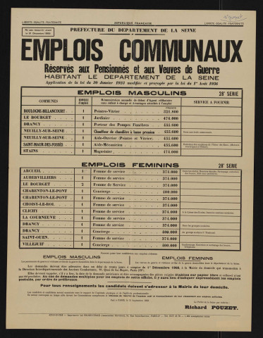 Emplois communaux réservés aux pensionnés et aux veuves de guerre habitant le département de la Seine, Recrutement à Boulogne-Billancourt d'un peintre-vitrier.