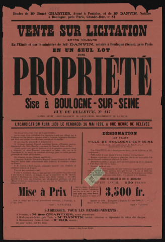 Vente sur licitation [...] en un seul lot d'une propriété sise à Boulogne-sur-Seine rue de Bellevue n°117,