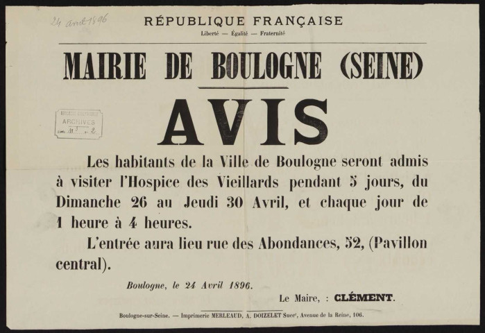 Avis [concernant la visite par les habitants du nouvel hospice des vieillards],