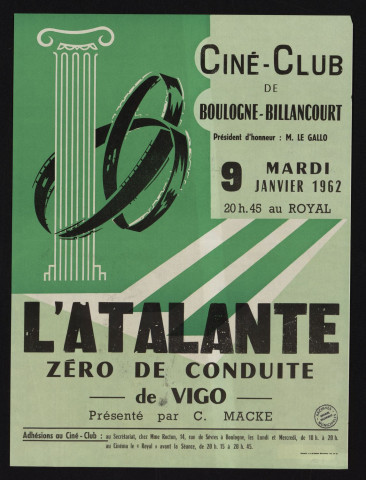 Ciné-Club de Boulogne-Billancourt, mardi 9 janvier 1962 : L'Atalante [et] Zéro de conduite, de Vigo,