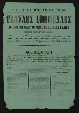 Travaux communaux : agrandissement du préau de la salle d'asile située rue Fessart en cette commune,