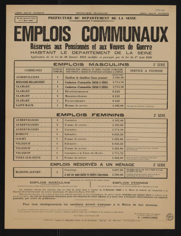 Emplois communaux réservés aux pensionnés et aux veuves de guerre habitant le département de la Seine, Recrutement à Boulogne-Billancourt d'un conducteur d'automobile (tourisme et utilitaire).