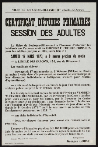 Certificat d'études primaires, session des adultes ,