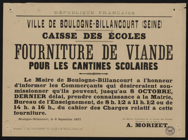 Caisse des écoles : fourniture de viande pour les cantines scolaires,