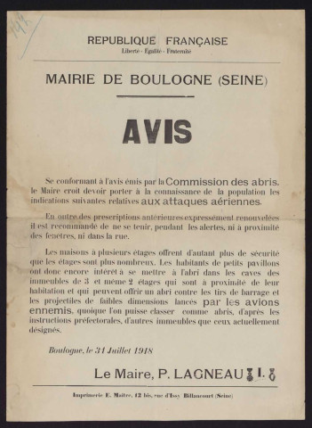 Avis [de la Commission des abris relatif aux attaques aériennes],