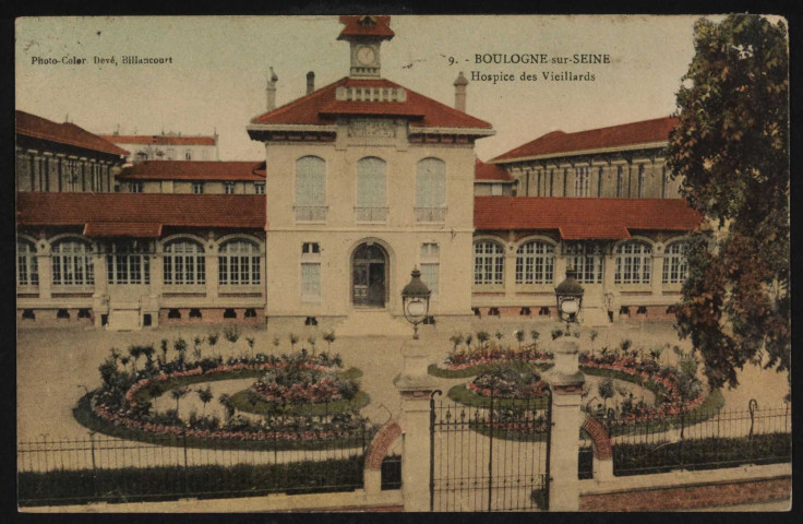 9 - Boulogne-sur-Seine - Hospice des Vieillards, Boulogne-Billancourt . rue des Abondances . - centre de gérontologie, façadeAu premier plan le portail et la cour intérieure. Au second plan la façade de centre de gérontologie