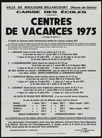 Centres de vacances, 1975,