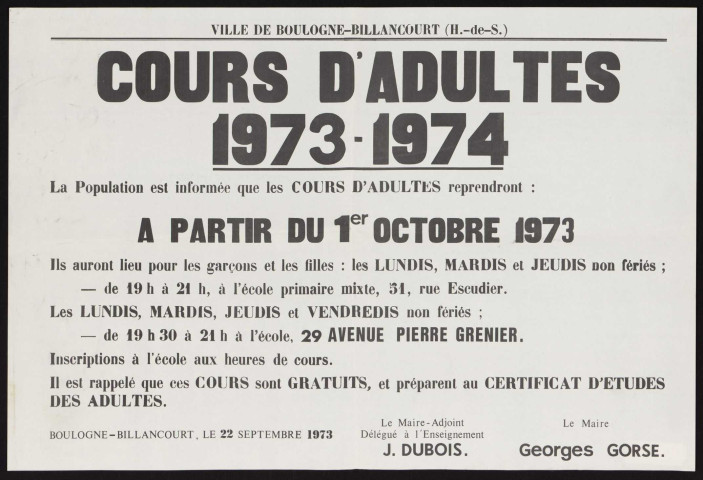 Cours d'adultes, 1973-1974 é,