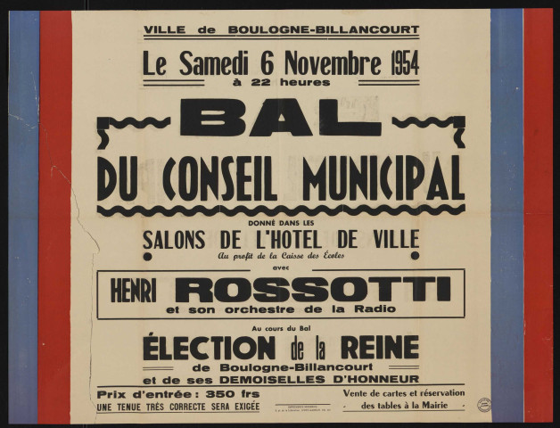 Bal du conseil municipal donné dans les salons de l'hôtel de ville au profit de la caisse des écoles avec l'orchestre Henri Rossotti et son orchestre de la radio,