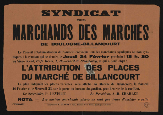 Syndicat des marchands des marchés de Boulogne-Billancourt é l'attribution des places du marché de Billancourt,