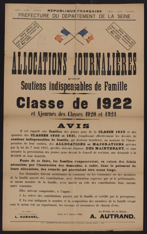 Allocations journalières pour soutiens indispensables de famille : classe 1922 et ajournés des classes 1920 et 1921,