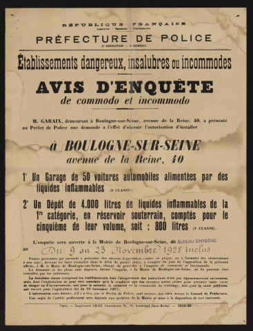 Avis d'enquête de commodo et incommodo : avenue de la Reine 40, M. Garaix : installation d'un garage de 50 voitures automobiles alimentées par des liquides inflammables et d'un dépôt de 4000 litres de liquides inflammables de la 1re catégorie.