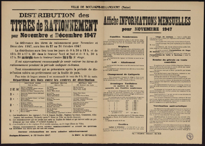 Distribution des titres de rationnement pour novembre et décembre 1947 ; informations mensuelles pour novembre 1947,