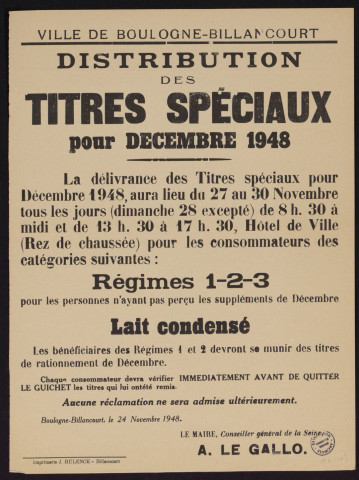 Distribution des titres spéciaux pour décembre 1948,