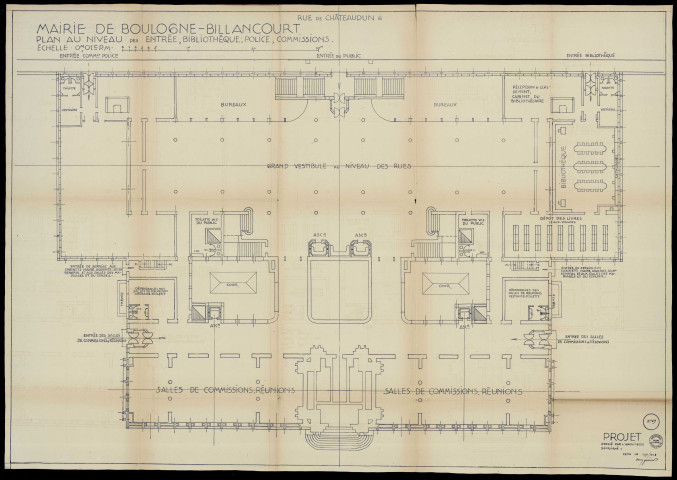 Plans n°68 à 101.68 : Plan des sous-sol et fondations (02/02/1928)69 : Plan au niveau des entrée, bibliothèque, police, commissions (29/01/1928)70 : Plan au niveau des bureaux, cabinets du maire, adjoints, secrétaire général (30/01/1928)71 : Plan au niveau bureaux, salle des fêtes, mariages, conseil (31/01/1928)72 : Plan du deuxième étage (23/03/1928)73 : Plan au niveau des archives (25/03/1928)74 : Plan au niveau des terasses (25/03/1928)75 : Façade sur les jardins (05/03/1928)76 : Façade sur la rue de Chateaudun (15/03/1928)77 : Coupe transversale (21/03/1928)78 : Coupe longitudinale (04/04/1928)79 : Façade latérale (04/04/1928)80 : Plan de la salle du conseil et de ses abords (06/07/1928)87 : Plan au sous-sol - projet (10/1929)88 : Plan au niveau des rues et jardins - projet (2 ex) (01/10/1929)89 : Plan au niveau du hall et des bureaux - projet (2 ex) (01/10/1929)90 : Plan au niveau des bureaux et de la salle des fêtes - projet (2 ex) (01/10/1929)91 : Pla du deuxième étage - projet (2 ex) (01/10/1929)92 : Plan du troisième étage, archives - projet (01/10/1929)93 : Plan des terasses - projet (2 ex) (01/10/1929)94 : Coupe transversale - projet (2 ex) (01/10/1929)95 : Coupe longitudinale - projet (2 ex) (01/10/1929)96 : Façade sur les jardins - projet (2 ex) (01/10/1929)97 : Façade rue de Chateaudun (01/10/1929)98 : Façade latérale - projet (01/10/1929)99 : Détails entrée coté jardins - projet (2 ex) (01/10/1929)100 : Détails des travées des bureaux - projet (01/10/1929)101 : Coupe sur les machines et l'escalier - projet (2 ex) (01/10/1929)