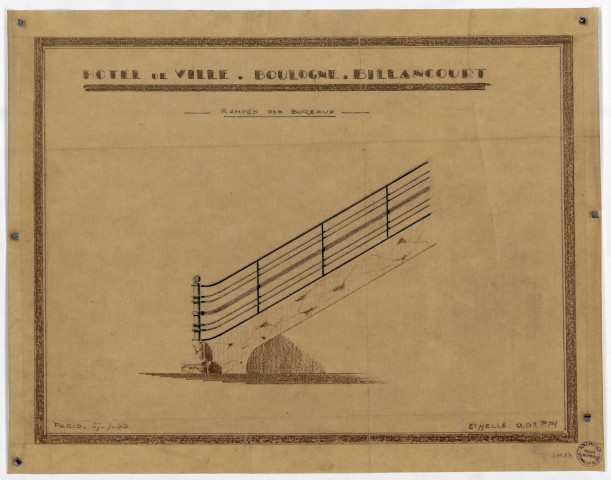 3ème TRANCHE2ème lot : 1ère partie - carrelage- Dossier GENTIL ET BOURDET : bordereau des échantillons et maquettes, photographies, devis descriptif, règlement particulier, règlement général, soumission plans (5)2ème lot : 2ème partie - revêtements- Dossier GENTIL ET BOURDET : bordereau et photographies (4)2ème lot : 3ème partie - dallage pierre- Dossier MARBRES, PIERRES & GRANITS : courrier, plans (3)- Dossier LIVERNET : projet, soumission, devis descriptif, règlement particulier, règlement général, plans (2)- Dossier SOCIETE INDUSTRIELLE DE MARBRERIE : plans (2), devis descriptif, règlement particulier2ème lot : 4ème partie - revêtements marbre- Dossier SOCIETE INDUSTRIELLE DE MARRERIE : plans (2), devis descriptif, règlement particulier, soumission4ème lot : ferronnerie- Dossier E. BORDEREL & ROBERT : calques (4)- Dossier MANCHELLE & PELTIER : plans (4)- Dossier REGNAULT : calques (4), soumission- Dossier LARDOT : devis descriptif, plans (2), dessins (2)- Dossier Jean PROUVE : plans (14), devis estimatif6ème lot : 1ère partie - peinture- Dossier R. COULON : devis descriptif- Dossier P. ROPPENNECK : courrier, devis estimatif- Dossier L. BLED : adjudication - concours, descriptif, devis chiffré- Dossier THOMAS & HARRISON : liste de quelques références de travaux- Dossier L. BERNARD : devis des travaux- Dossier L. PENAUD : devis, moyens d'action