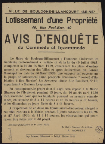 Lotissement d'une propriété 40 rue Paul-Bert : avis d'enquête de commodo et incommodo,