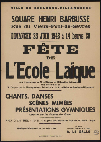 Fête de l'école laïque square Henri-Barbusse dimanche 23 juin 1946,