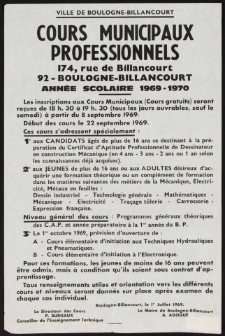 Cours municipaux professionnels, année scolaire 1969-1970 ,