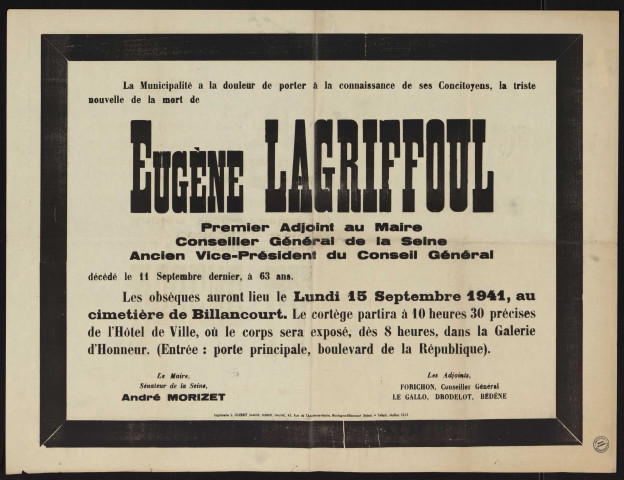 [Obsèques d'] Eugène Lagriffoul, premier adjoint au maire, conseiller général de la Seine, ancien vice-président du Conseil général,