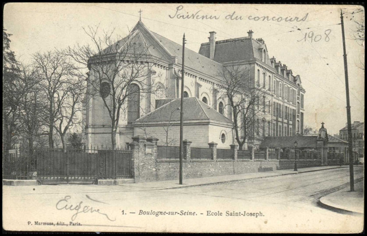 1 - Boulogne-sur-Seine - Ecole Saint-Joseph, Boulogne-Billancourt . rue du Parchamp . - école et chapelle Saint-Joseph du Parchamp - Façade et chapelle de l'école Saint Joseph pris de biais (côté gauche)