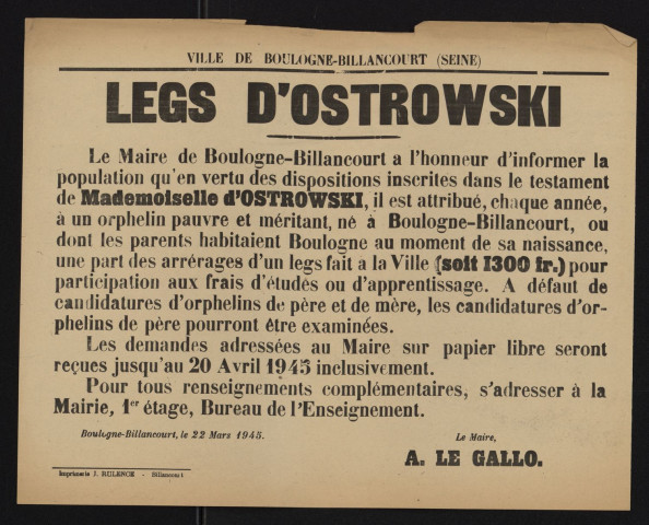 Legs d'Ostrowski [en faveur d'un orphelin pauvre],