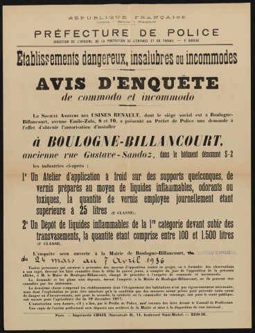 Avis d'enquête de commodo et incommodo : ancienne rue Gustave-Sandoz (bâtiment S2), Société anonyme des Usines Renault : installation d'un atelier d'application à froid sur des supports quelconques, de vernis préparés au moyen de liquides inflammables, odorants ou toxiques [...] ; d'un dépôt de liquides inflammables de la 1re catégorie devant subir des transvasements [...]