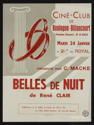 Ciné-Club de Boulogne-Billancourt, mardi 24 janvier : Belle de Nuit, de René Clair,