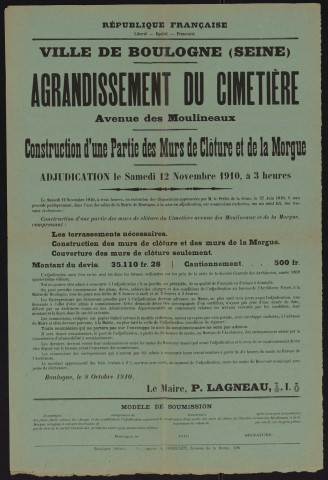 Agrandissement du cimetière (avenue des Moulineaux) : construction d'une partie des murs de clôture et de la morgue,