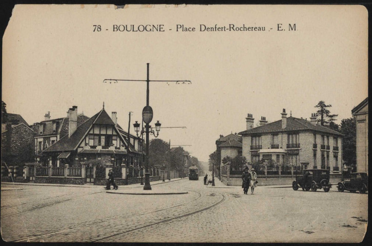 78 - Boulogne - Place Denfert-Rochereau, Boulogne-Billancourt . place Denfert-Rochereau, rue du Château . - perspectiveAu premier plan, la place Denfert-Rochereau. Au secon plan, à gauche, la rue Max Blondat, en face, la rue du Château, à droite la rue Salomon Reinach.