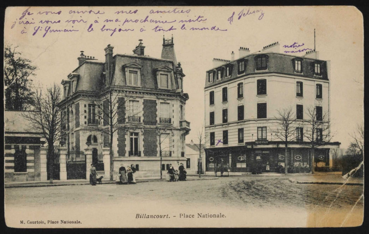 Billancourt - Place Nationale, Boulogne-Billancourt . place Jules Guesde . - perspectiveAu second plan, à gauche, des femmes et des enfants. Au centre, le restaurant "Maison Geiger". A droite, le square de la place.