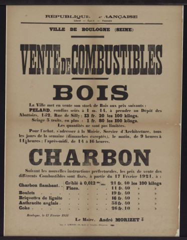 Vente de combustibles : bois, charbon,