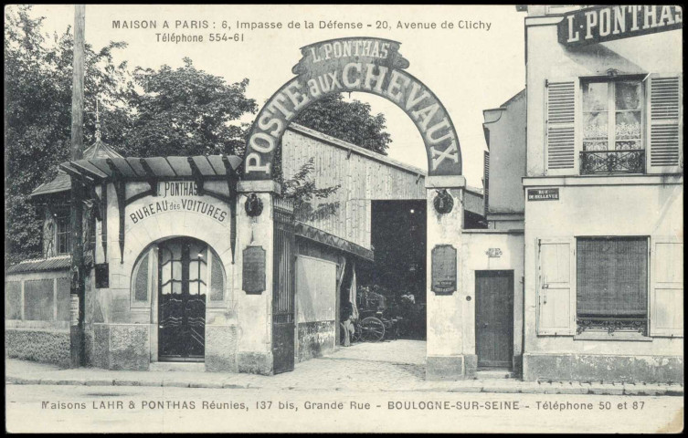 Maisons Lahr & Ponthas Réunies, 137 bis Grande Rue - Boulogne-sur-Seine, Boulogne-Billancourt - 1 rue de Bellevue . - façade de l'entrée de la poste aux chevaux L. Ponthas