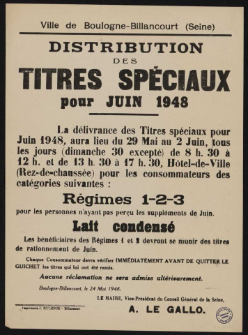 Distribution des titres spéciaux pour juin 1948,